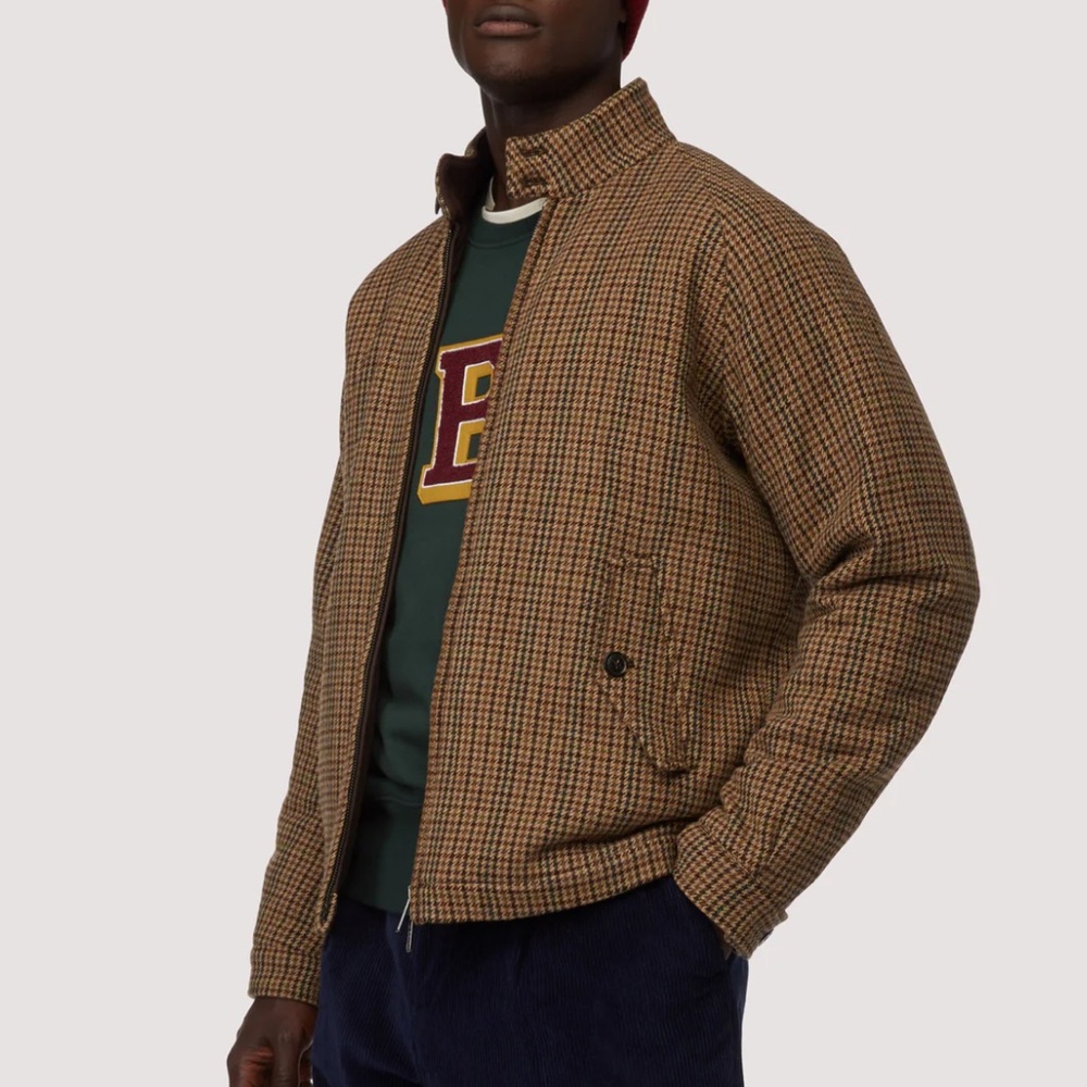 Orvis Vtg Wool Brown Check Plaid Bomber Jacket XL Corduroy Collar Houndstooth - Picture 3 of 8